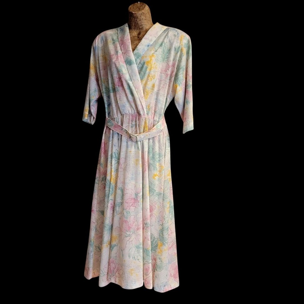 Vtg 80s,90s Pastel Floral Wrap Top Dress With Belt & 3/4 Sleeves